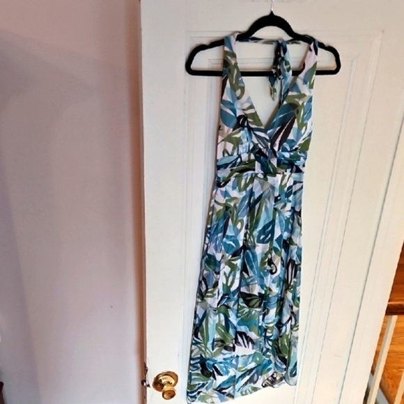 Tropical Print Halter Dress, White, Blue, & Green. Sz Sm. - Picture 3 of 8